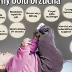 Dziecko z podkurczonymi nóżkami, nad którym widnieją przyczyny bólu brzucha u dziecka, takie jak alergia pokarmowa czy nietolerancja laktozy.