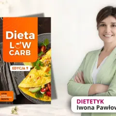 Okładka książki "Dieta LOW CARB" autorstwa dietetyk Iwony Pawłowskiej, prezentująca omlet z awokado i warzywami.