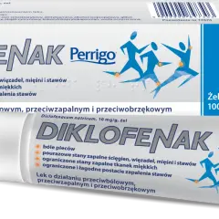 Opakowanie żelu Diklofenak Perrigo z grafiką przedstawiającą ludzi w ruchu i pomarańczowe kółka symbolizujące ból.