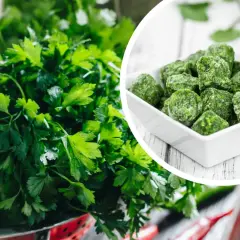 Świeża natka pietruszki obok kostek mrożonej natki pietruszki.