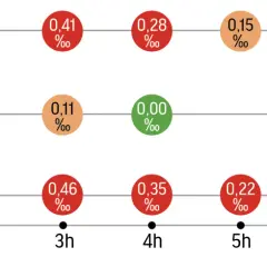 Wykres pokazuje czas trzeźwienia po alkoholu, ilustrując spadające stężenie promili we krwi w zależności od upływu godzin.