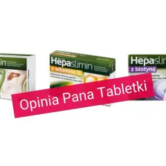 Opakowania Hepaslimin z witaminą D i biotyną. W tle różowa wstęga z napisem "Opinia Pana Tabletki", sugerująca pozytywne hepaslimin opinie.