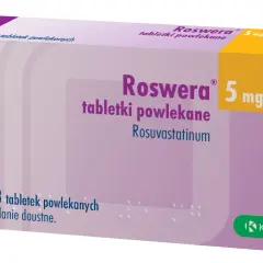 Opakowanie leku Roswera 5 mg, zawierające 28 tabletek powlekanych z rosuwastatyną.