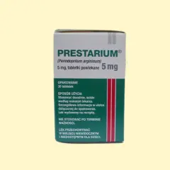 Opakowanie leku Prestarium 5 mg, który jest często wybierany jako najbezpieczniejszy lek na nadciśnienie.