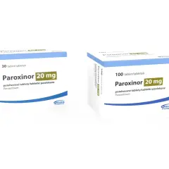 Dwa opakowania leku Paroxinor 20 mg, jedno na 30 tabletek, drugie na 100.