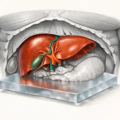 Anatomia wątroby, pęcherzyka żółciowego i trzustki. Widok od góry, z zaznaczonymi naczyniami krwionośnymi. Ast norma.