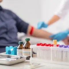 Pobieranie krwi od pacjenta. W tle widać personel medyczny w rękawiczkach, a na pierwszym planie probówki i sprzęt medyczny.