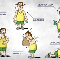Ilustracja pokazuje skutki zażycia flakka: ból głowy, osłabienie, nudności, wymioty, dezorientację i omdlenie.