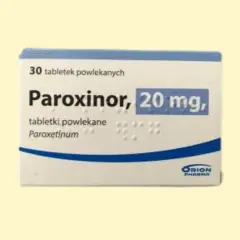 Opakowanie leku Paroxinor 20 mg, zawierającego paroksetynę, 30 tabletek powlekanych.