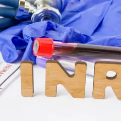 Litery "INR" na tle rękawiczek, stetoskopu i probówek z krwią. Wynik badania czasu protrombinowego.