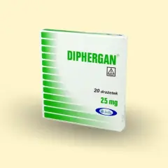 Opakowanie leku Diphergan 25 mg, 20 drażetek. Stosowany na różne dolegliwości, np. alergie.