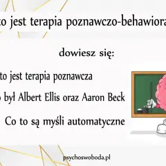 Co to jest terapia cbt? Dowiedz się o terapii poznawczej, Albercie Ellisie, Aaronie Becku i myślach automatycznych. Rysunkowy mózg przy tablicy.