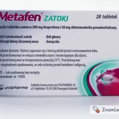 Opakowanie leku Metafen Zatoki, zawierającego pseudoefedrynę, na ból i niedrożność zatok, obrzęk błony śluzowej nosa, ból głowy i gorączkę. 20 tabletek.