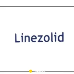 Napis "Linezolid" w kolorze granatowym na białym tle. Pod napisem znajduje się żółta kropka i fragment tekstu.
