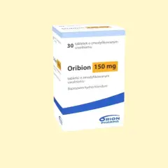 Opakowanie leku Oribion 150 mg, zawierające 30 tabletek o zmodyfikowanym uwalnianiu. Substancją czynną jest bupropion, znany też jako wellbutrin.