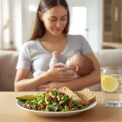 Mama z dzieckiem na rękach, karmienie piersią. Na stole sałatka, pieczywo i woda z cytryną.