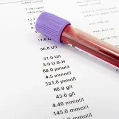 Probówka z krwią na tle wyników badań. Jonogram i inne parametry medyczne widoczne na papierze.