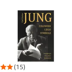 Okładka książki "Człowiek i jego symbole" Carla Gustava Junga. Na czarnym tle portret autora z fajką, czytającego dokument.