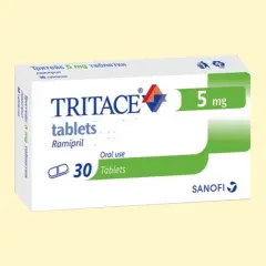 Opakowanie leku Tritace 5 mg, zawierające 30 tabletek ramiprylu do stosowania doustnego.