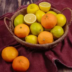 Koszyk pełen cytrusów: pomarańczy, cytryn i limonek. Te owoce są bogate w hesperydynę, cenny flawonoid.