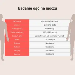 Tabela z wynikami badania ogólnego moczu, prezentująca parametry i wartości referencyjne.