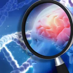 Badanie mózgu pod lupą, ukazujące jego aktywność. W tle struktury DNA, sugerujące genetyczne podłoże schorzeń, jak katatonia.