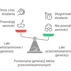 Porównanie leków na alergię: I generacja (krótsze działanie, senność) vs II generacja (długotrwałe, brak senności). Dobry lek na alergię to ten z II generacji.