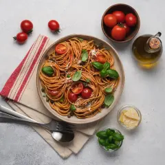 Pyszne spaghetti z pomidorami i bazylią, idealne na dietę SIBO. Oliwa, parmezan i świeże zioła dopełniają danie.