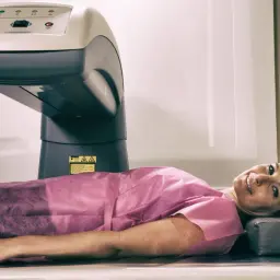 Kobieta leży pod aparatem do densytometrii, badanie wykrywa osteoporozę.