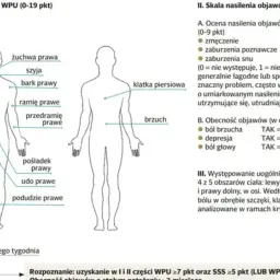 Schemat ciała z zaznaczonymi obszarami bólu, pomocny w ocenie **fibromialgii**.