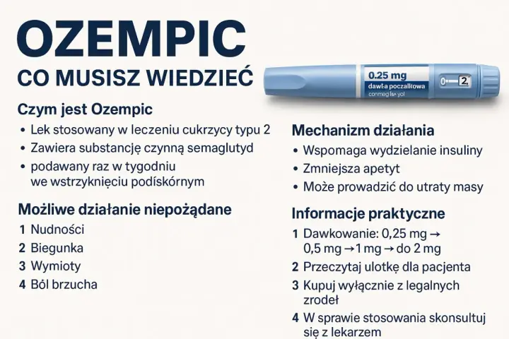 Ozempic, lek z semaglutydem, stosowany w leczeniu cukrzycy typu 2. Wspomaga insulinę, zmniejsza apetyt i może prowadzić do utraty masy.