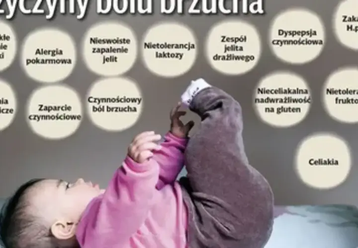 Dziecko z podkurczonymi nóżkami, nad którym widnieją przyczyny bólu brzucha u dziecka, takie jak alergia pokarmowa czy nietolerancja laktozy.