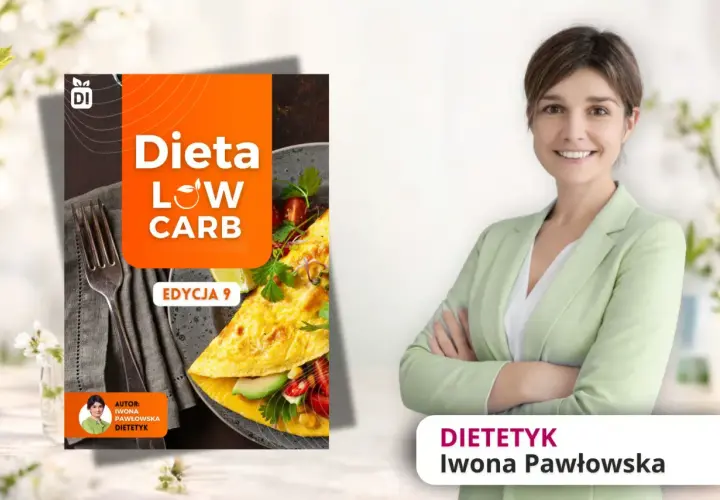 Okładka książki "Dieta LOW CARB" autorstwa dietetyk Iwony Pawłowskiej, prezentująca omlet z awokado i warzywami.