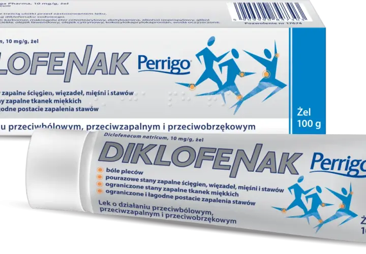 Opakowanie żelu Diklofenak Perrigo z grafiką przedstawiającą ludzi w ruchu i pomarańczowe kółka symbolizujące ból.