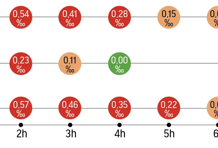 Wykres pokazuje czas trzeźwienia po alkoholu, ilustrując spadające stężenie promili we krwi w zależności od upływu godzin.