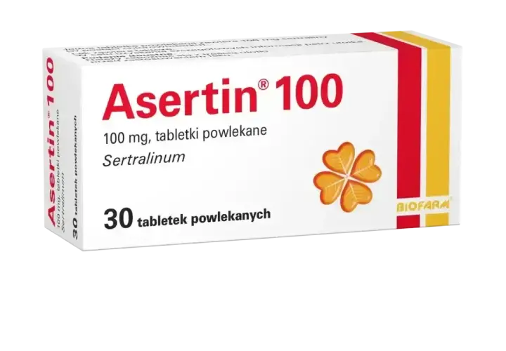 Opakowanie leku Asertin 100, zawierającego sertralinę, stosowanego w leczeniu depresji i innych schorzeń. 30 tabletek.