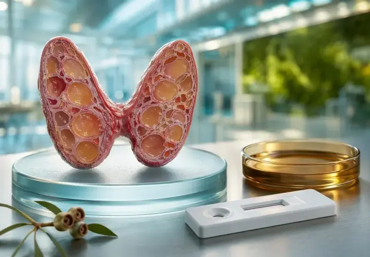 Przekrój tarczycy, gdzie widoczne są pęcherzyki wypełnione płynem. Obok leży test diagnostyczny, sugerujący badanie poziomu tyreoglobuliny.