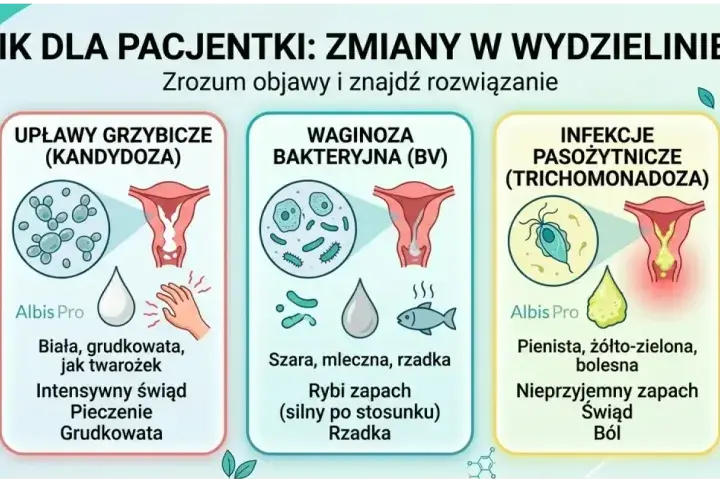 Infografika o wydzielinie z pochwy: normy, grzybica, waginoza, infekcje pasożytnicze. Nieprzyjemny zapach z pochwy może świadczyć o infekcji. Konsultacja lekarska jest kluczowa.