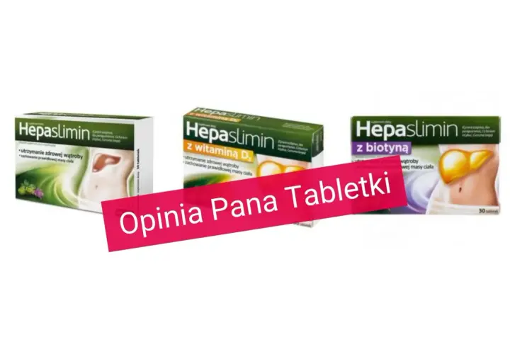 Opakowania Hepaslimin z witaminą D i biotyną. W tle różowa wstęga z napisem "Opinia Pana Tabletki", sugerująca pozytywne hepaslimin opinie.