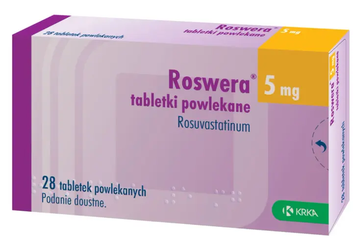 Opakowanie leku Roswera 5 mg, zawierające 28 tabletek powlekanych z rosuwastatyną.
