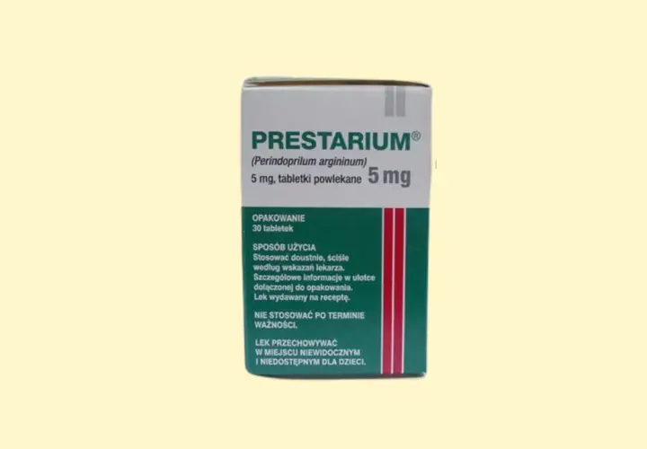 Opakowanie leku Prestarium 5 mg, który jest często wybierany jako najbezpieczniejszy lek na nadciśnienie.