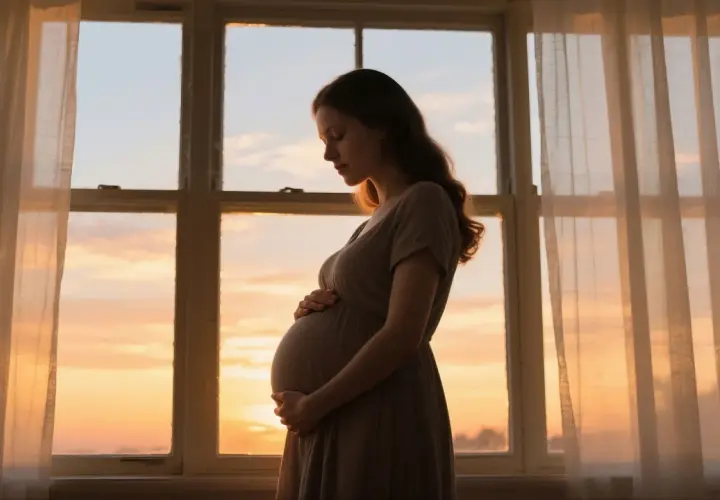 Kobieta w ciąży przy oknie, otoczona ciepłym światłem zachodzącego słońca. Czuć w niej spokój i radość, jakby doświadczała hormonu szczęścia.