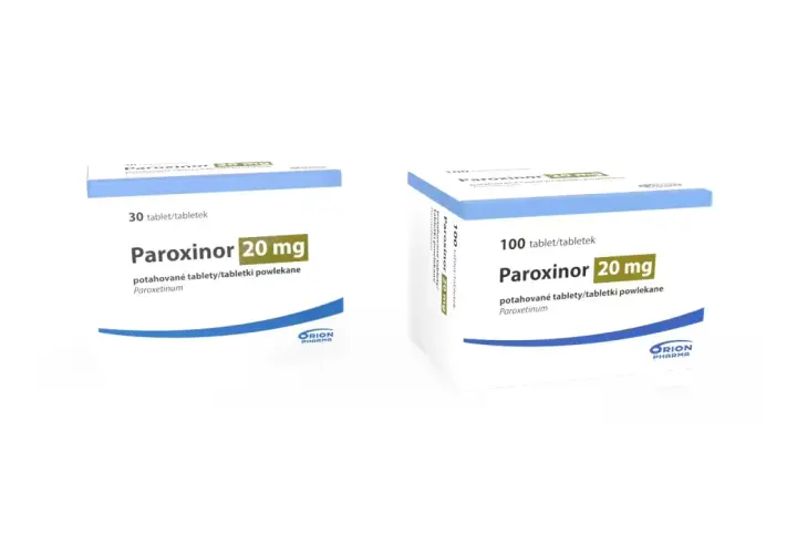 Dwa opakowania leku Paroxinor 20 mg, jedno na 30 tabletek, drugie na 100.