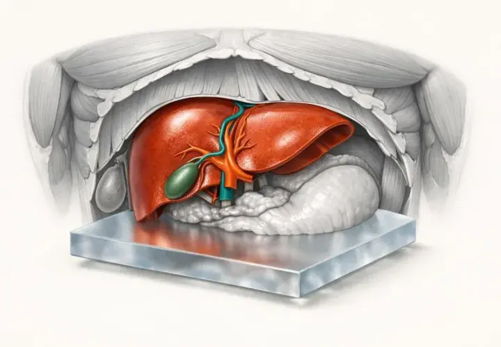 Anatomia wątroby, pęcherzyka żółciowego i trzustki. Widok od góry, z zaznaczonymi naczyniami krwionośnymi. Ast norma.
