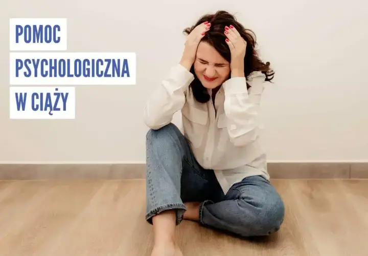 Kobieta w ciąży zmagająca się z problemami psychicznymi, trzymająca się za głowę. Napis: "Pomoc psychologiczna w ciąży".
