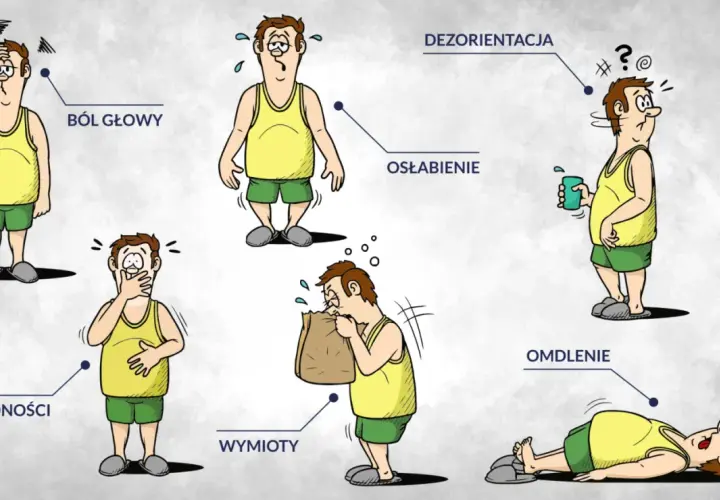 Ilustracja pokazuje skutki zażycia flakka: ból głowy, osłabienie, nudności, wymioty, dezorientację i omdlenie.
