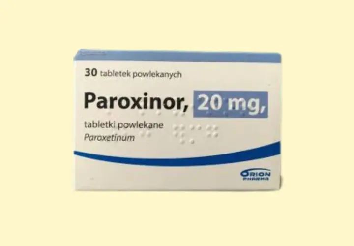 Opakowanie leku Paroxinor 20 mg, zawierającego paroksetynę, 30 tabletek powlekanych.