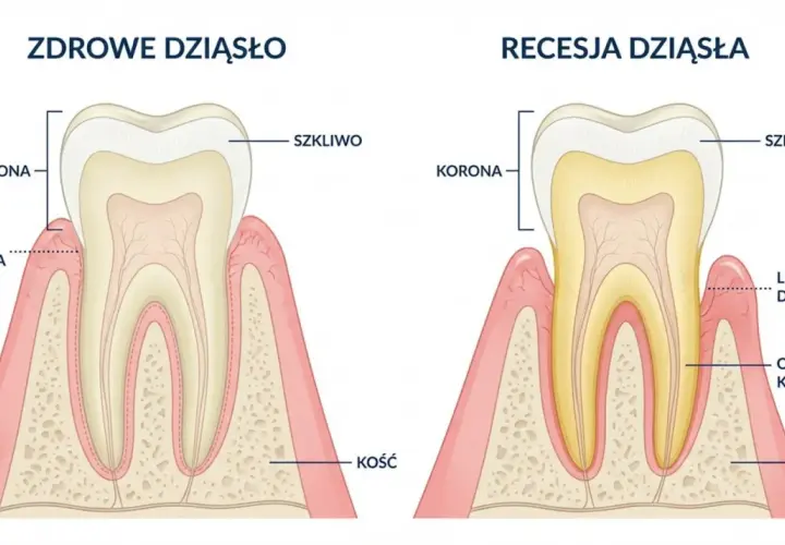 Porównanie zdrowego dziąsła z recesją dziąsła, która odsłania korzeń zęba. Zapalenie dziąseł może prowadzić do cofania się dziąseł.