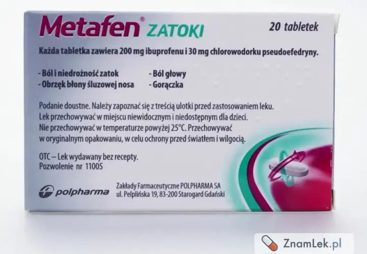 Opakowanie leku Metafen Zatoki, zawierającego pseudoefedrynę, na ból i niedrożność zatok, obrzęk błony śluzowej nosa, ból głowy i gorączkę. 20 tabletek.