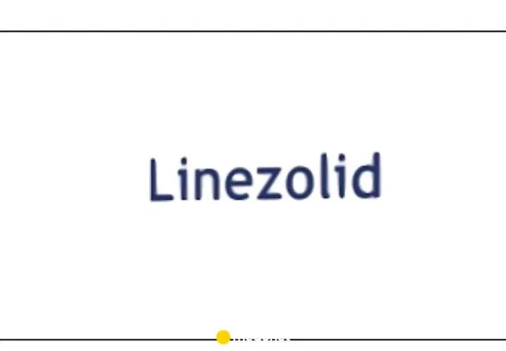 Napis "Linezolid" w kolorze granatowym na białym tle. Pod napisem znajduje się żółta kropka i fragment tekstu.